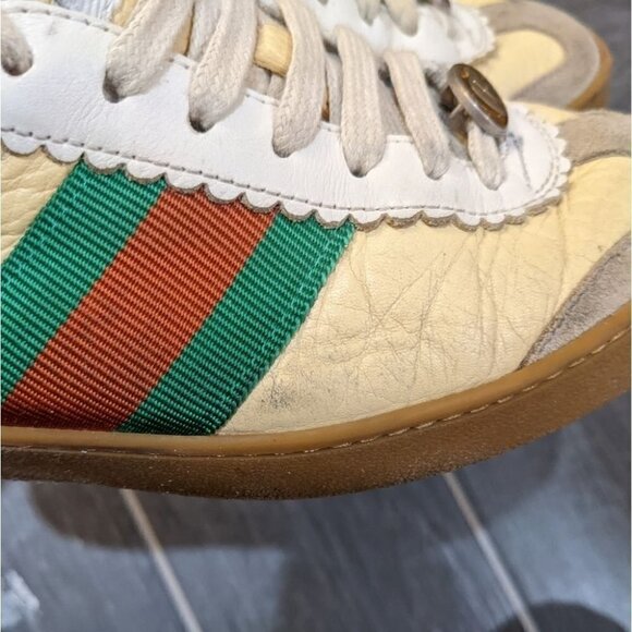 Gucci | Women's Yellow Leather Sneakers With Web G74 - Picture 10 of 16